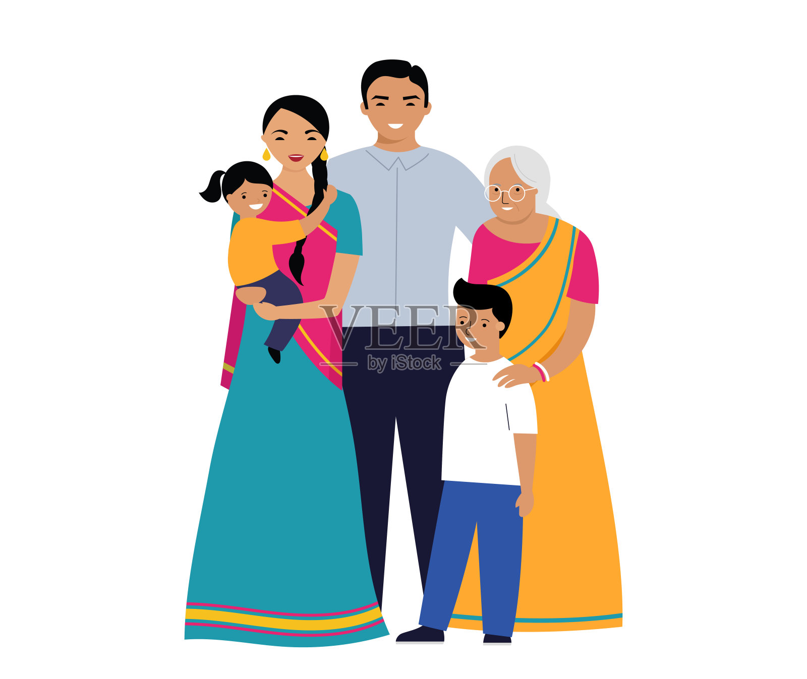 印度的家庭。三代的家庭。一组穿着传统民族服装的人插画图片素材