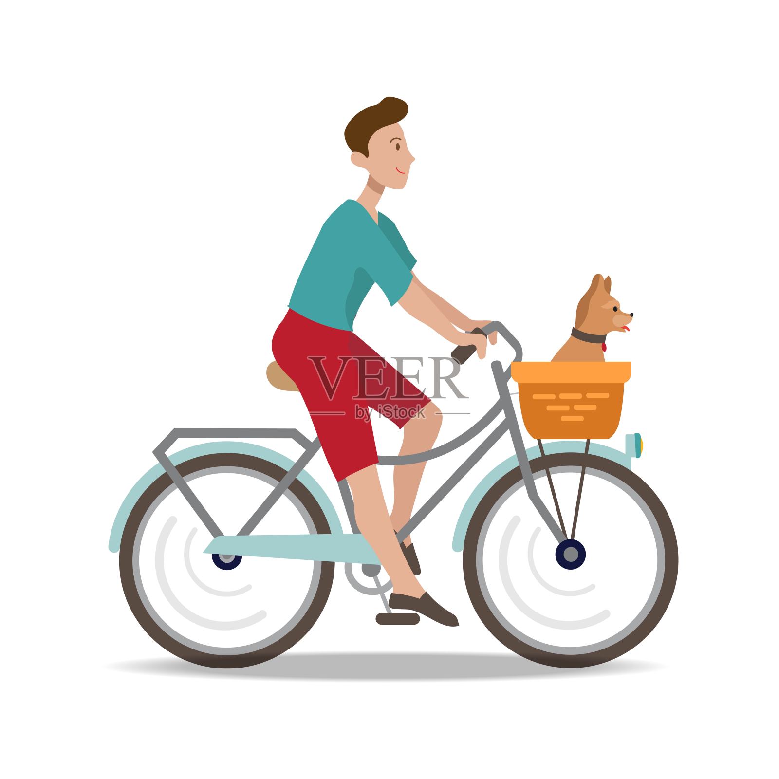 一个骑自行车带狗的人。矢量插图在平面风格。设计元素图片