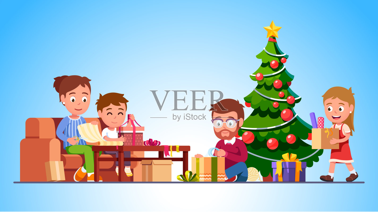 家人一起包装新年礼物。母亲，父亲，孩子包装的礼物盒与丝带蝴蝶结下的快乐圣诞冷杉树准备节日庆祝。平面矢量字符插图插画图片素材