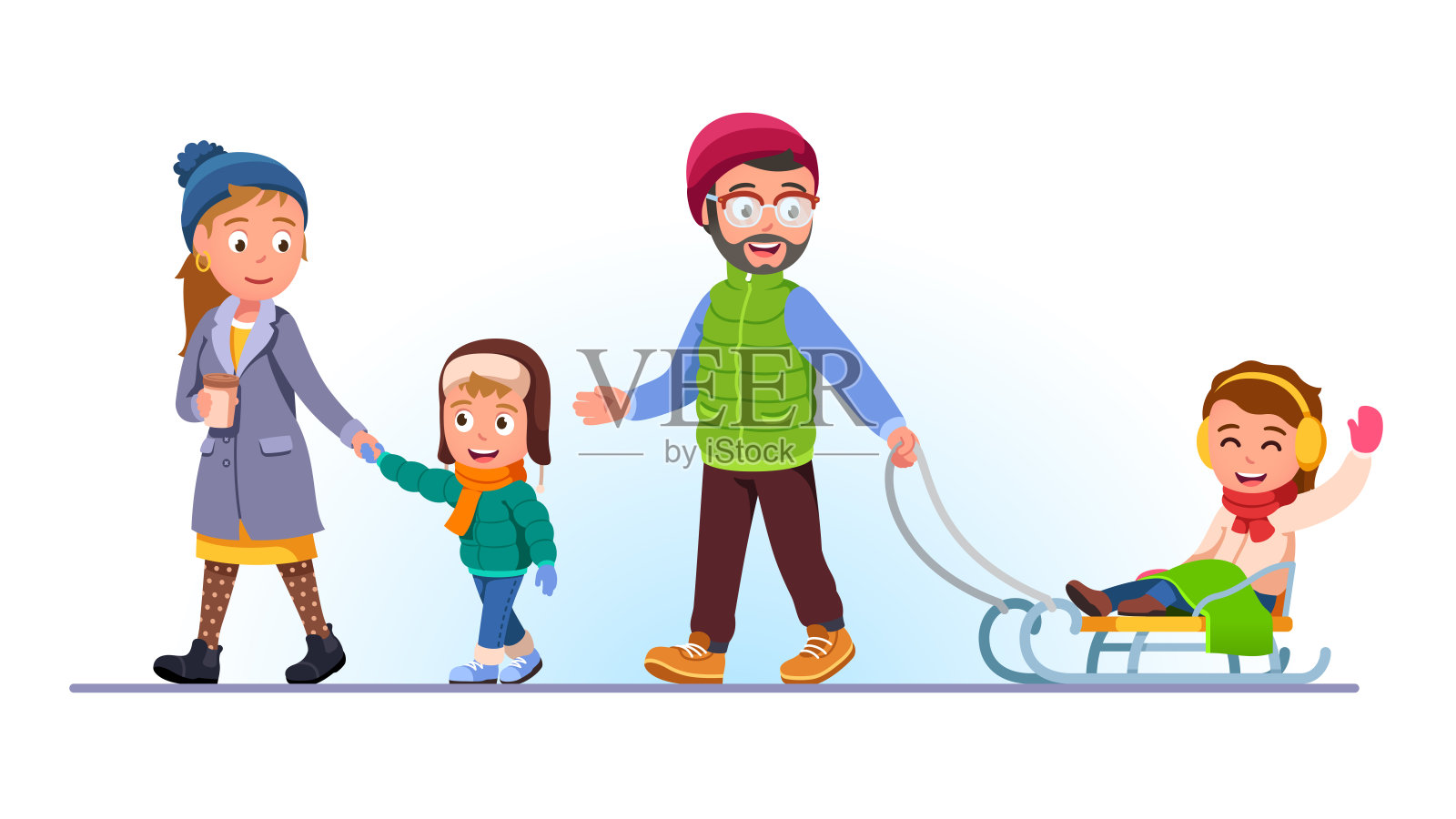带着孩子在户外散步的家庭夫妇。母亲牵着儿子的手，父亲拉着雪橇，女儿坐着。冬季多雪天气郊游活动。平面矢量字符插图插画图片素材