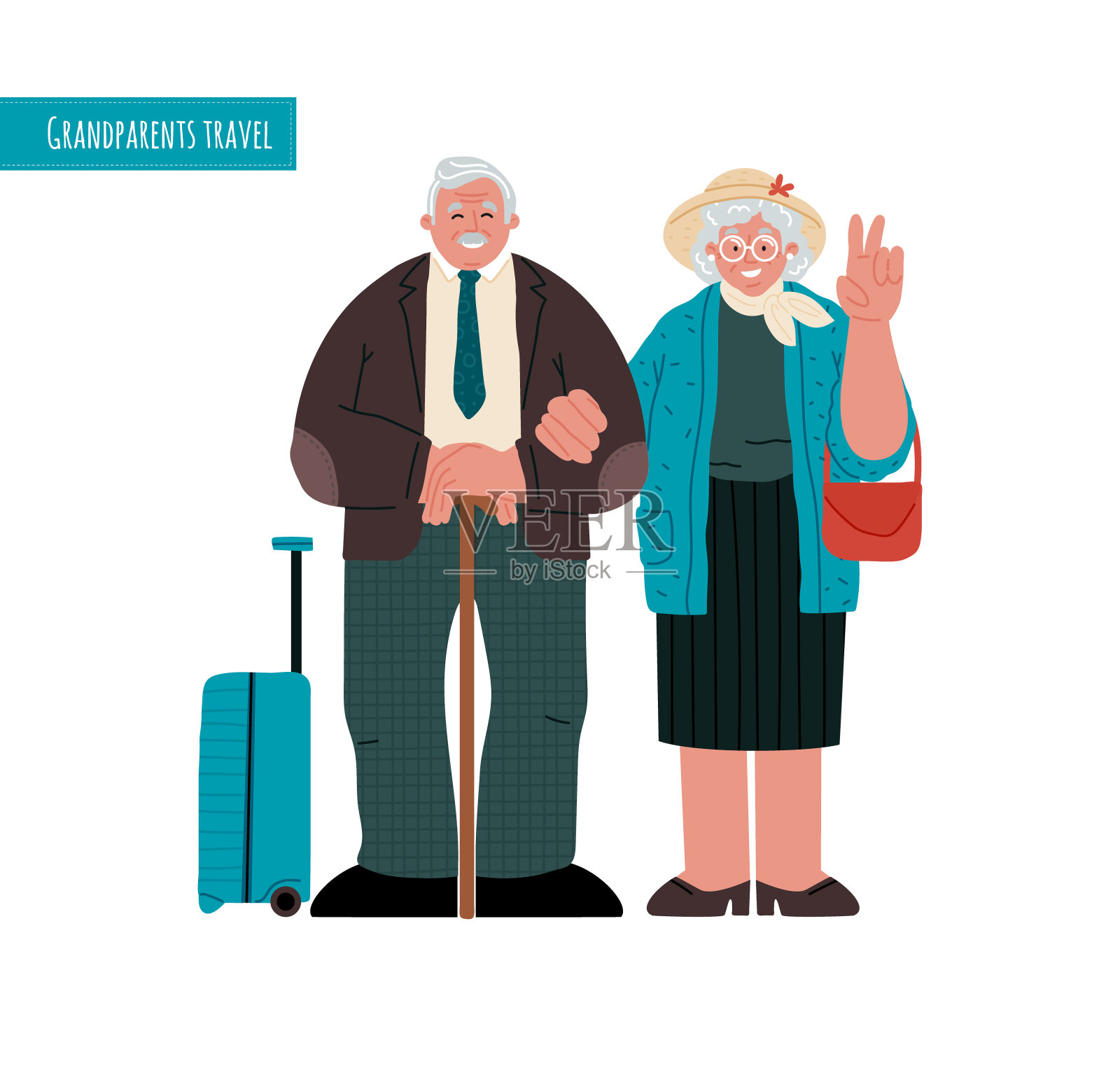 一对老年夫妇独自旅行，行李放在白色背景下，奶奶正在挥手。矢量平面插图。插画图片素材