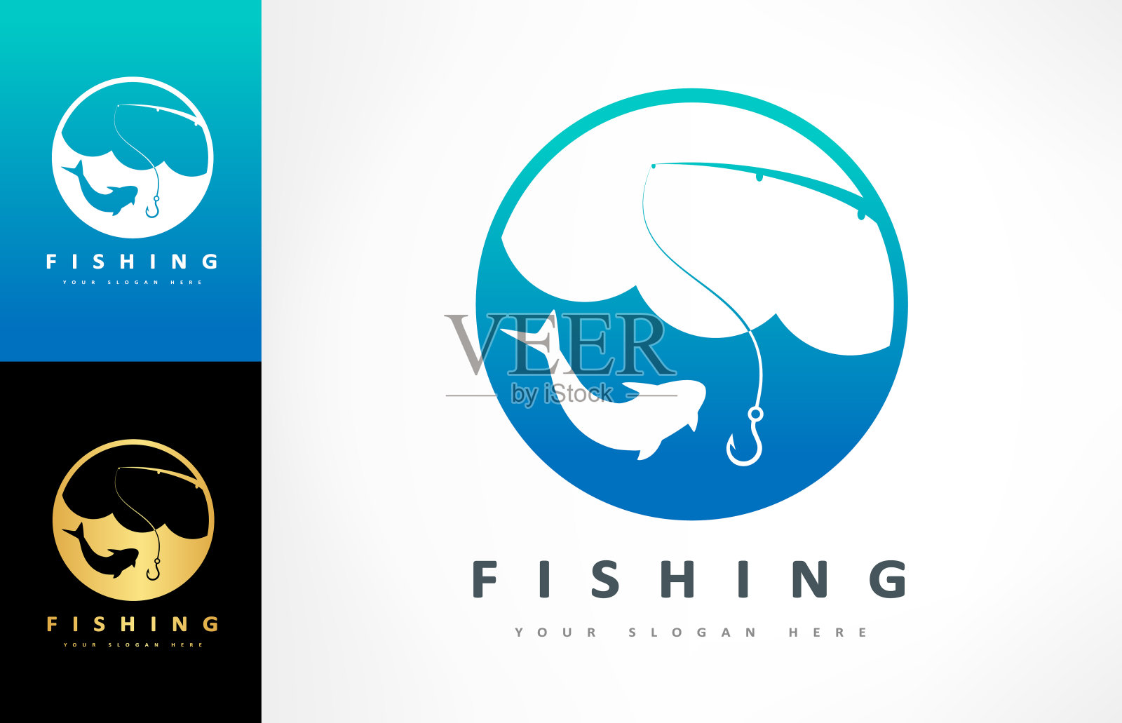 钓鱼标志向量。鱼、波、竿设计。把所有的东西都买下来钓鱼。渔具。插画图片素材