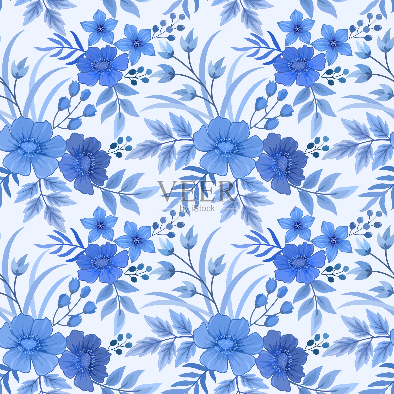单色蓝色花和叶无缝图案。插画图片素材