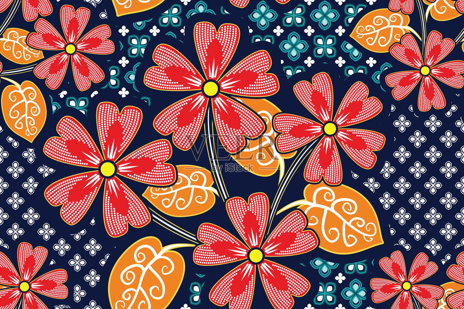 无缝图案与花卉矢量插图，印尼蜡染图案插画图片素材