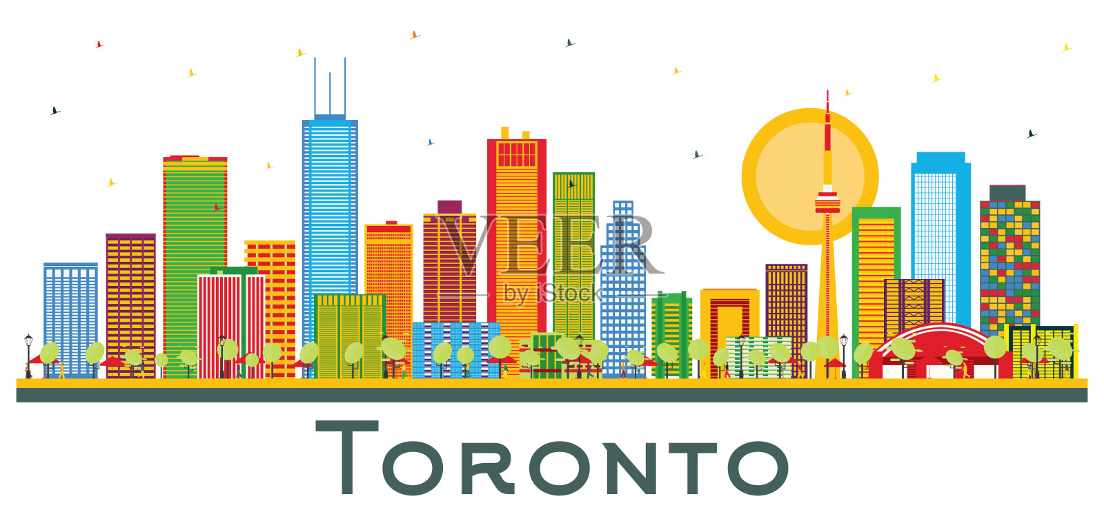加拿大多伦多城市天际线与彩色建筑孤立在白色。插画图片素材