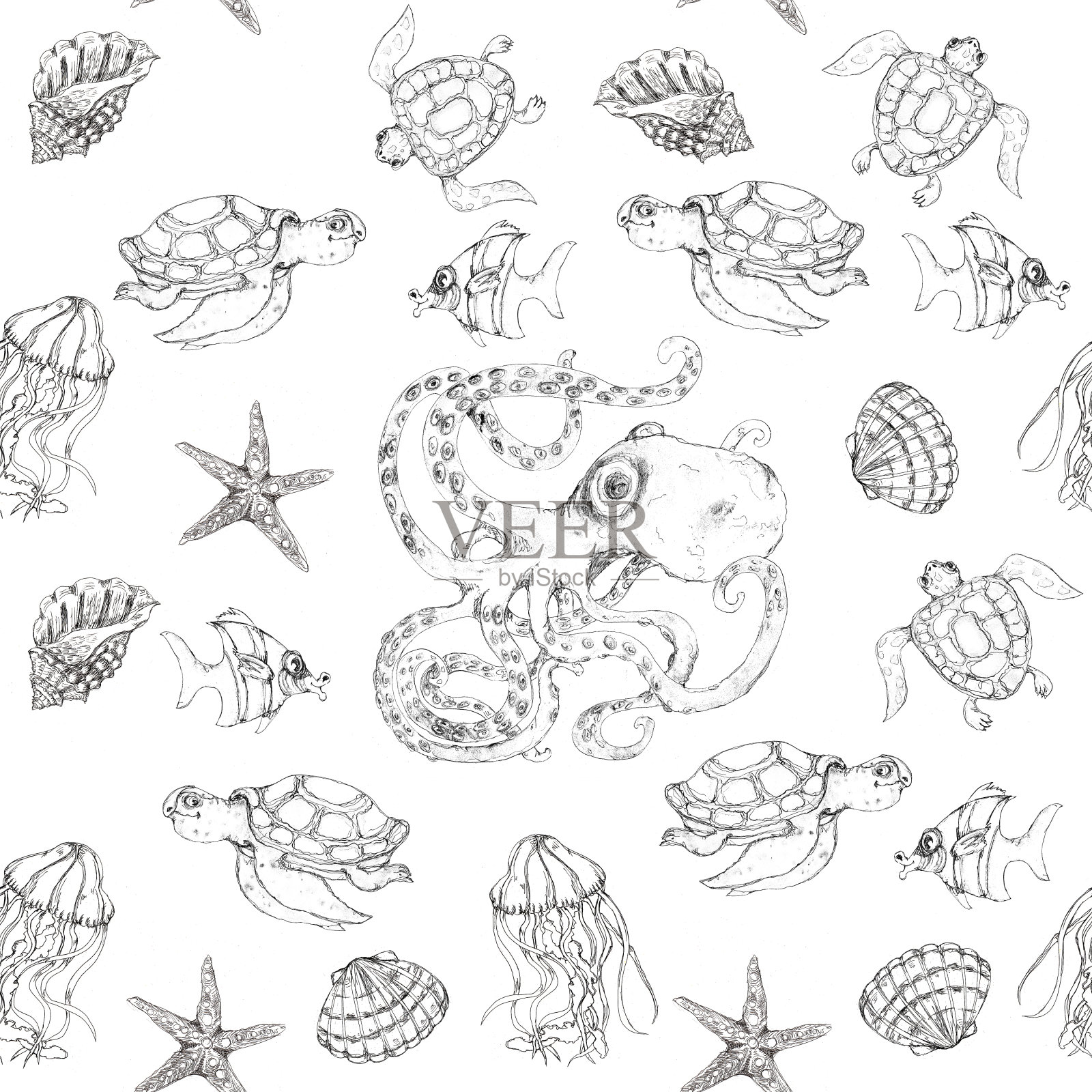 海底航海单色印花素描海洋生活复古风格无缝图案插画图片素材