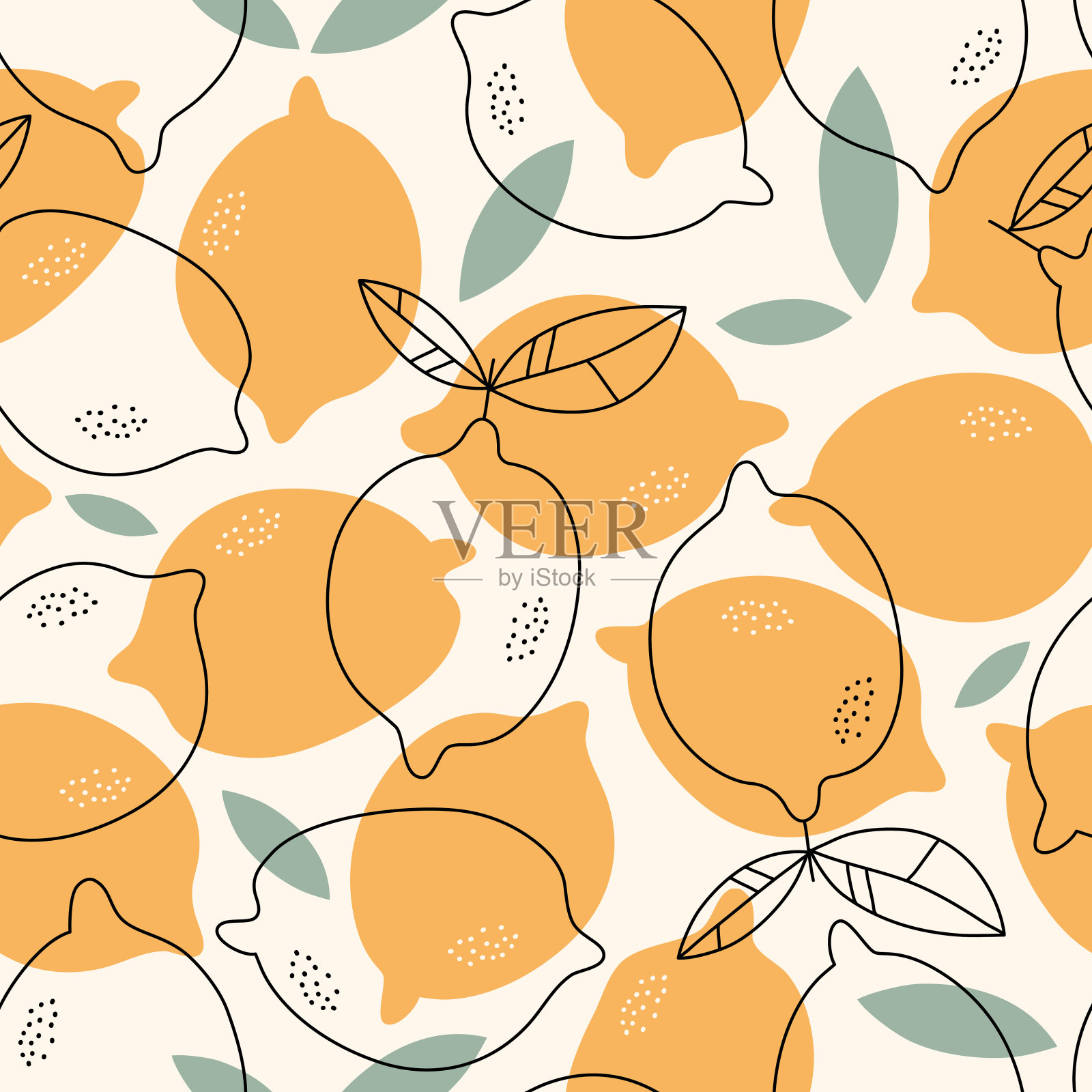手绘柠檬背景。无缝模式与柑橘。包装纸，织物，室内装饰设计。插画图片素材