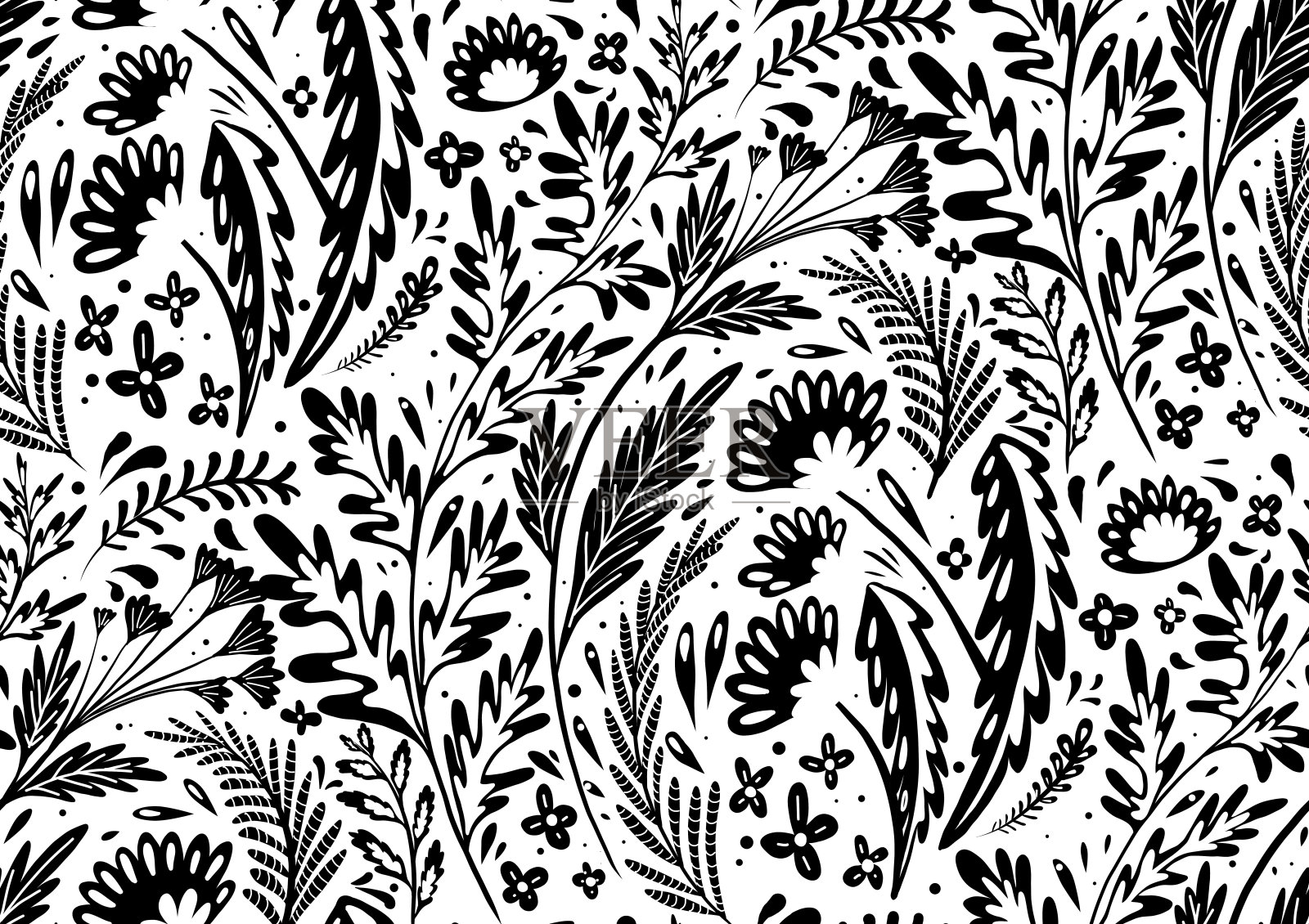 无缝黑色剪影的自然图案与草本和花卉的田野。壁纸印花蒲公英，艾，茴香和毛茛。织物与植物插画图片素材