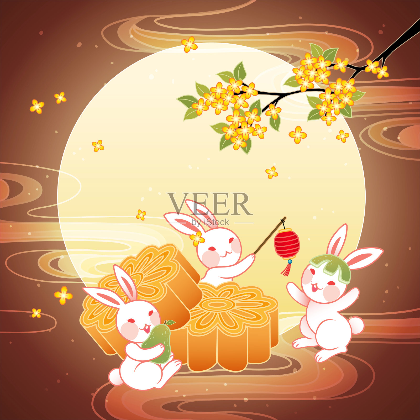 中秋满月玉兔吃月饼插图插画图片素材