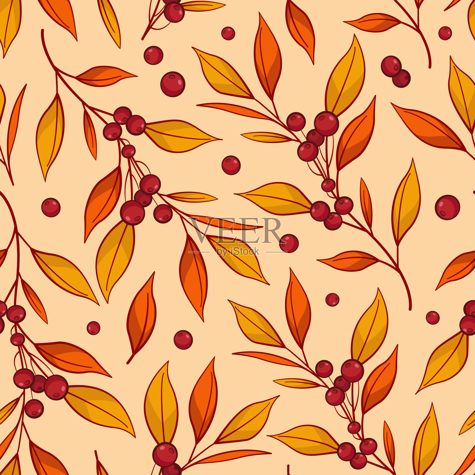 秋天蔓越莓枝桠无缝格局插画图片素材