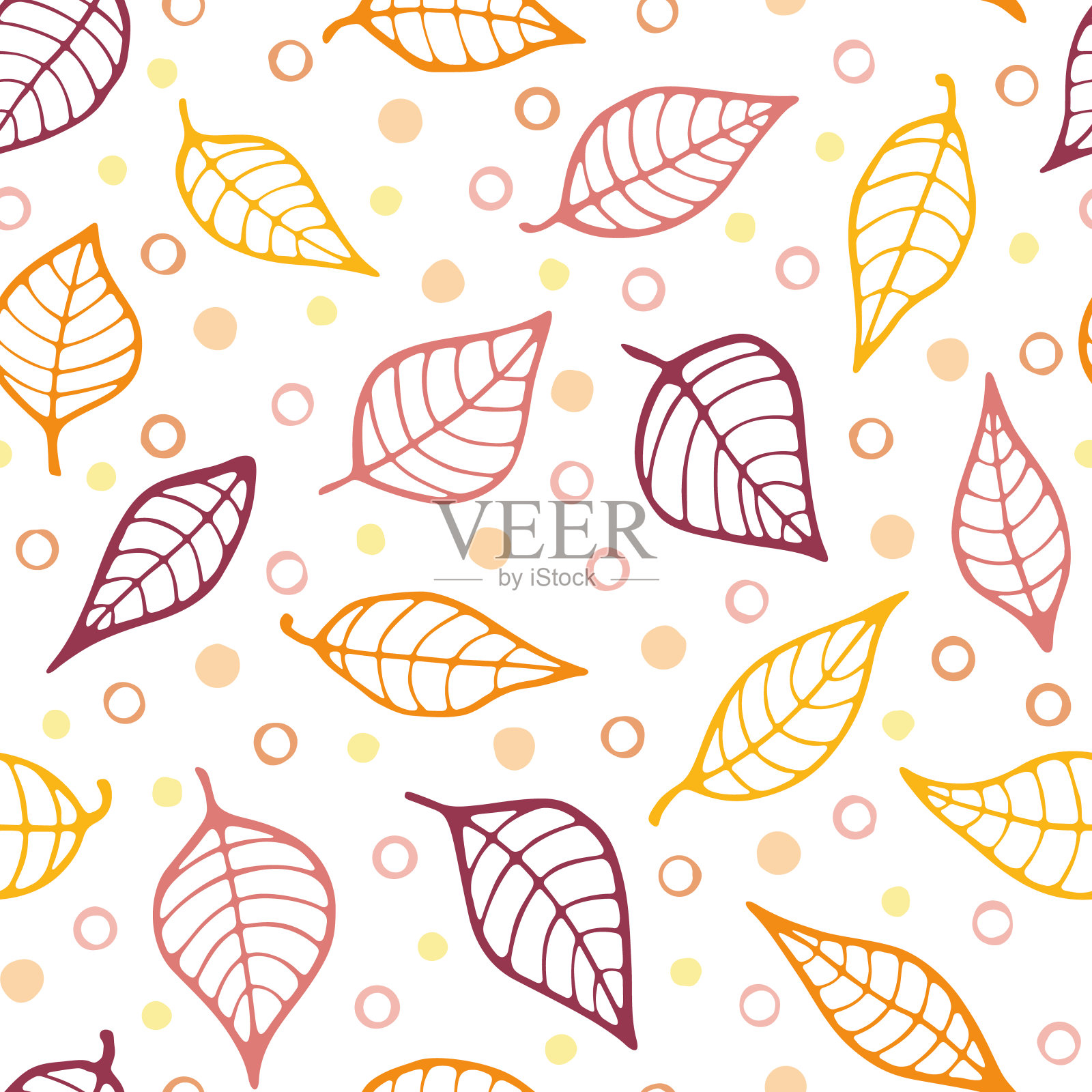 矢量涂鸦树叶重复图案背景。秋天的颜色。黄色、橙色和赤土色。手绘抽象无缝纹理。插画图片素材