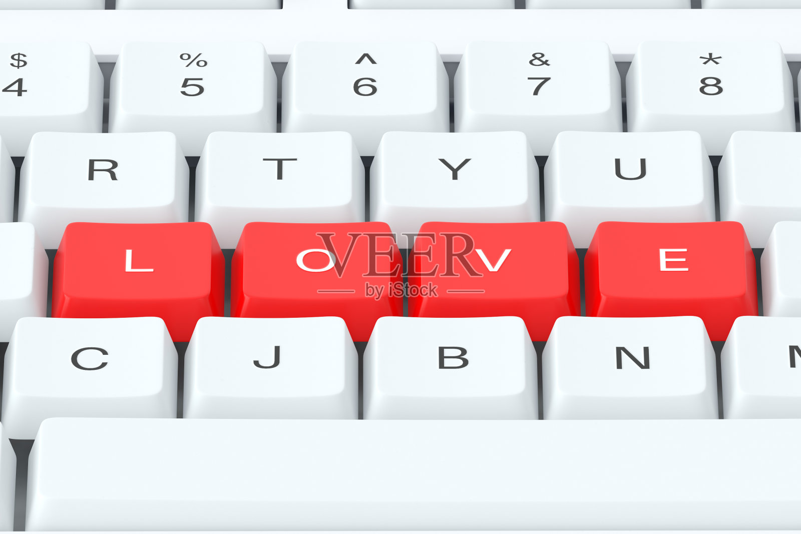 白色键盘，红色按键组成的爱字。3 d渲染图照片摄影图片