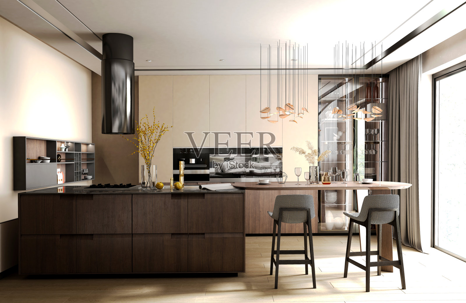 3d渲染家庭室内厨房和餐厅空间照片摄影图片