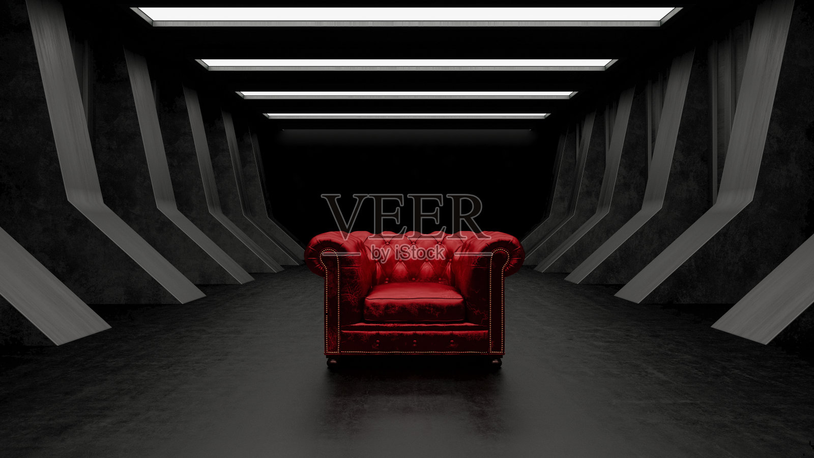 红色扶手椅配黑色走廊照片摄影图片