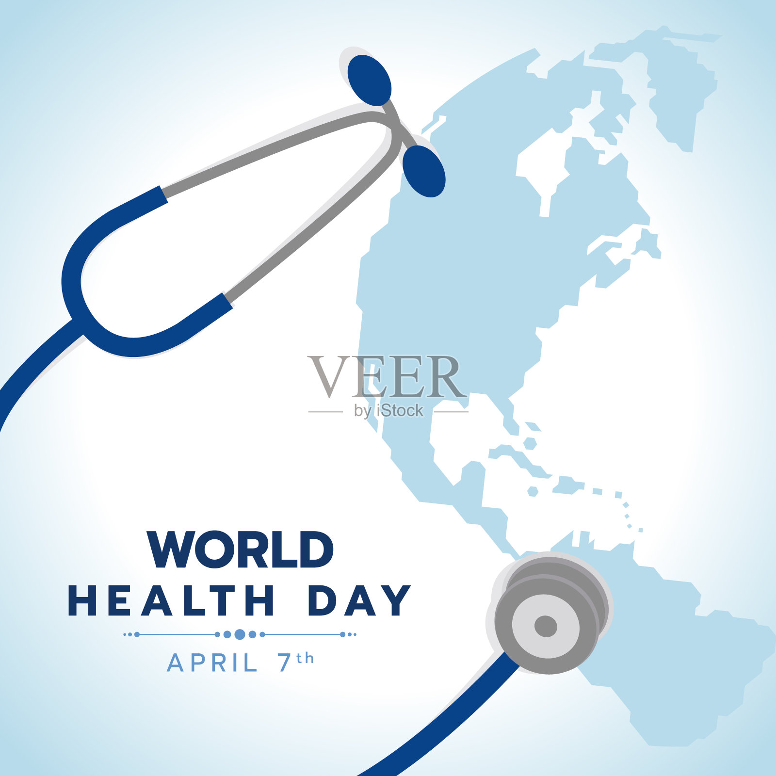 世界卫生日旗帜与蓝色听诊器标志和世界地球地图背景矢量设计插画图片素材