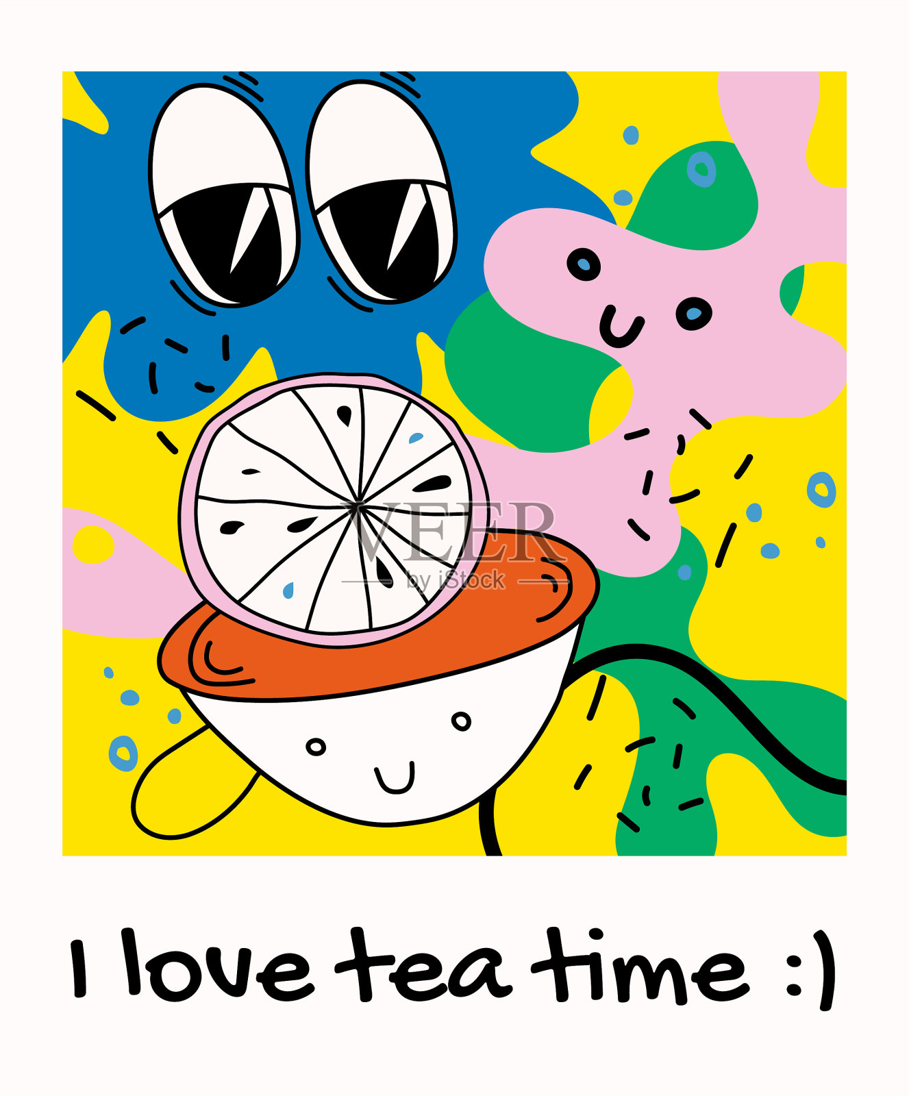 我喜欢喝茶的时候喝柠檬茶插画图片素材