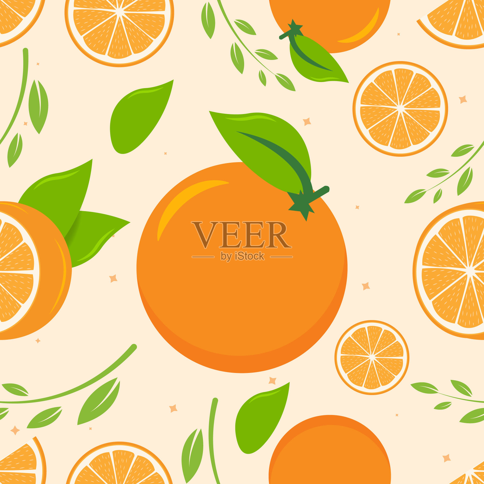 橘子和树叶的无缝图案。水果的模式。橙色背景矢量设计。设计元素图片