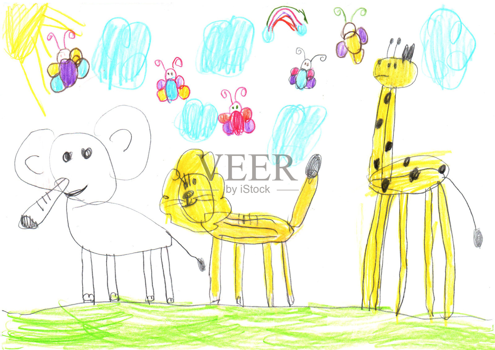 画快乐动物长颈鹿;狮子，大象在温暖的夏天。儿童风格的铅笔艺术。插画图片素材