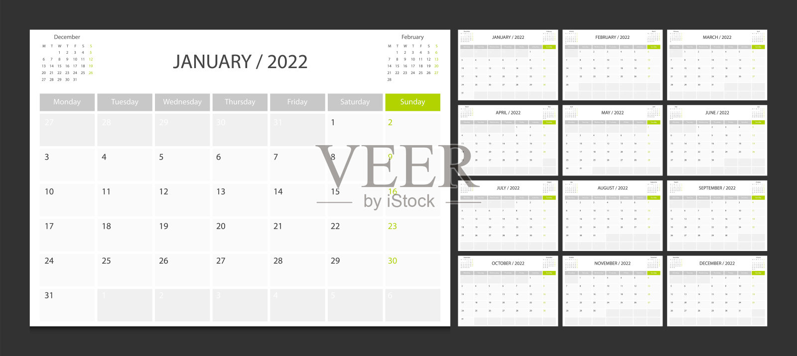 日历2022周周一开始企业设计规划师模板。设计模板素材