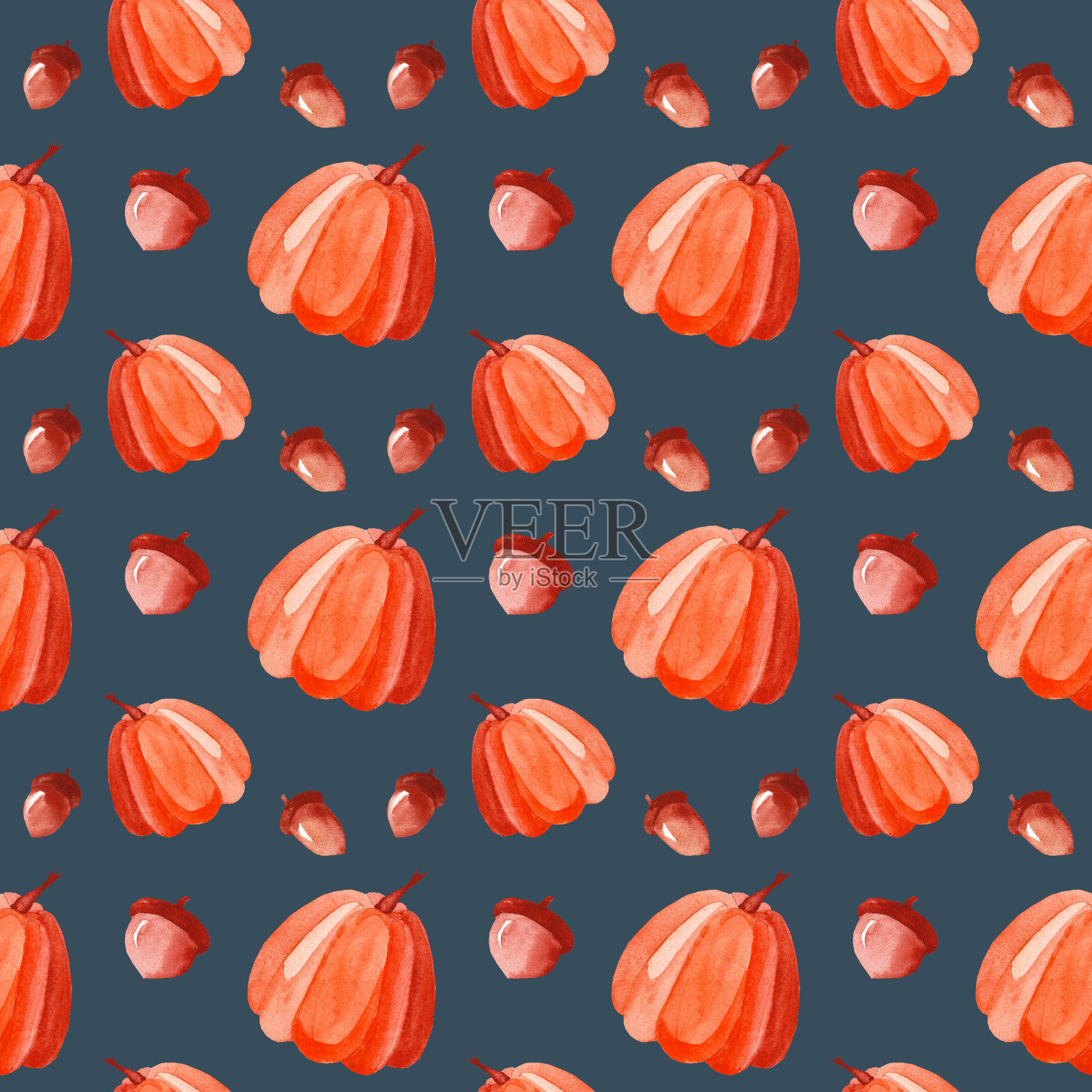 秋天橙色的南瓜，橡子。无缝的水彩模式。秋季插图。十月的金秋。插画图片素材