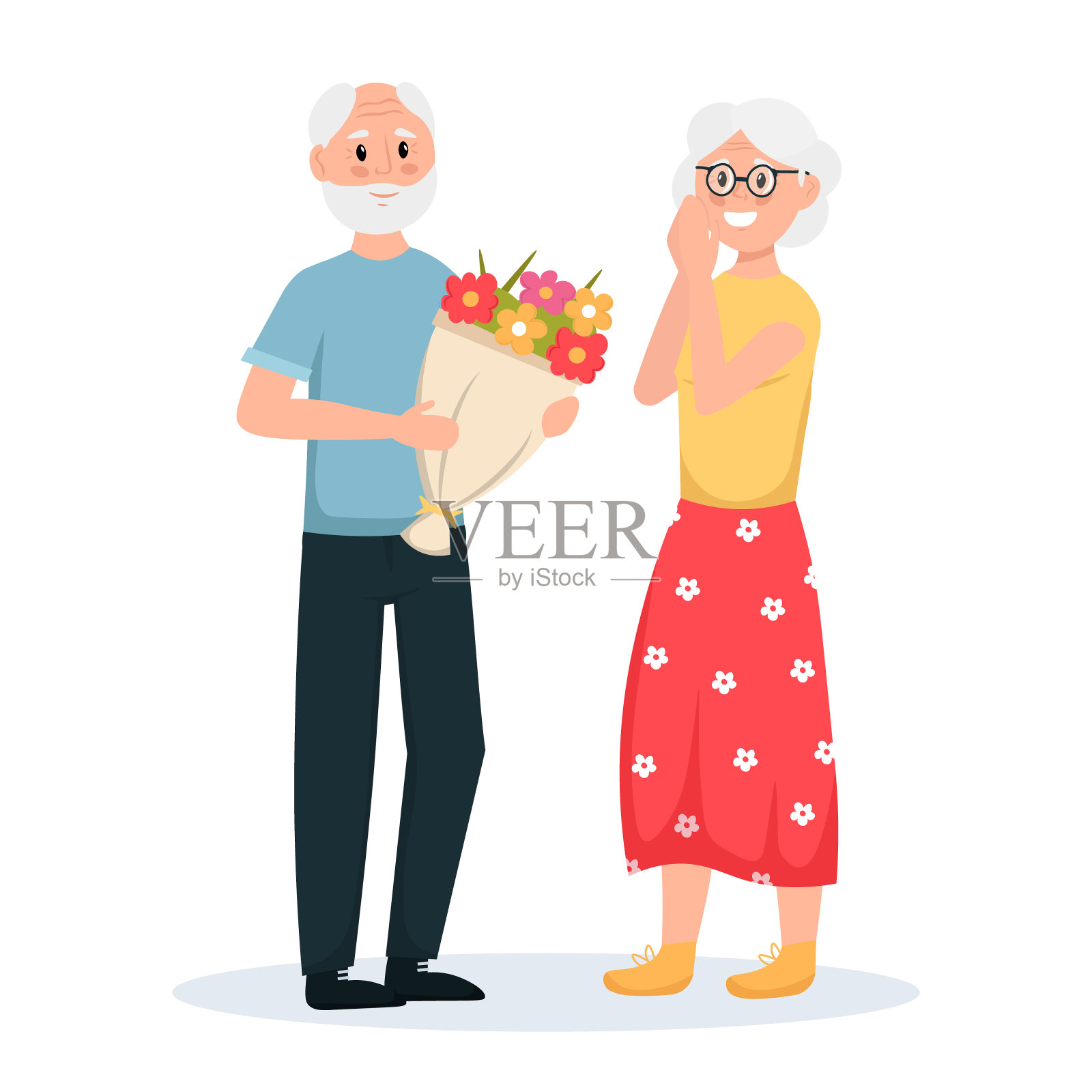 高层人士在约会。老人赠送花束给幸福的女人。幸福的家庭，年老的配偶。设计元素图片