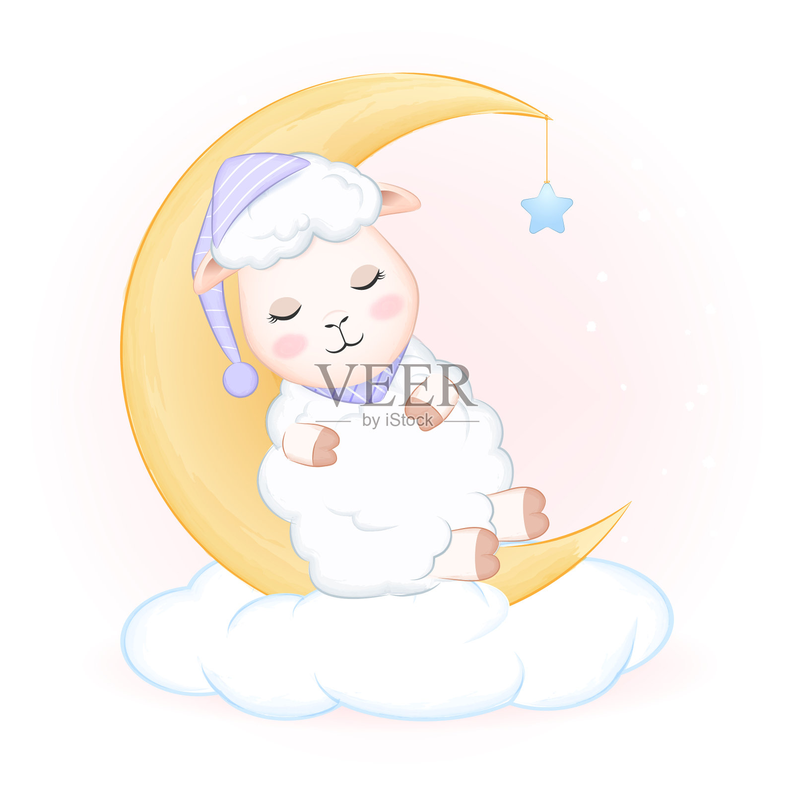 可爱的小绵羊在月亮上睡觉设计元素图片