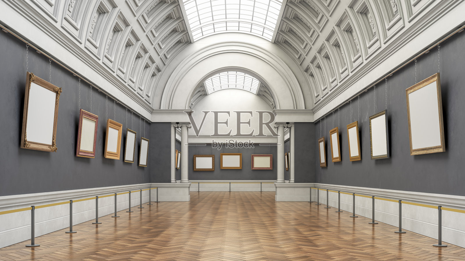 一个经典的画廊大厅装饰在蓝色和白色的木地板的3D渲染。三维演示照片摄影图片