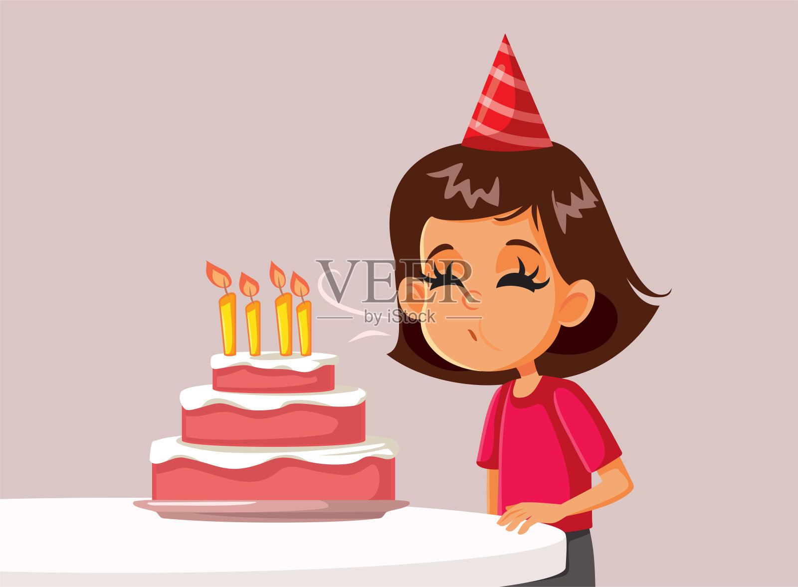 小生日女孩吹蜡烛蛋糕矢量插图设计模板素材