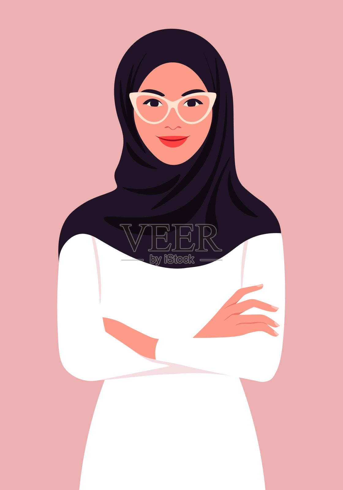 一幅穆斯林妇女的肖像，她双手交叉，戴着头巾。一个女商人。插画图片素材