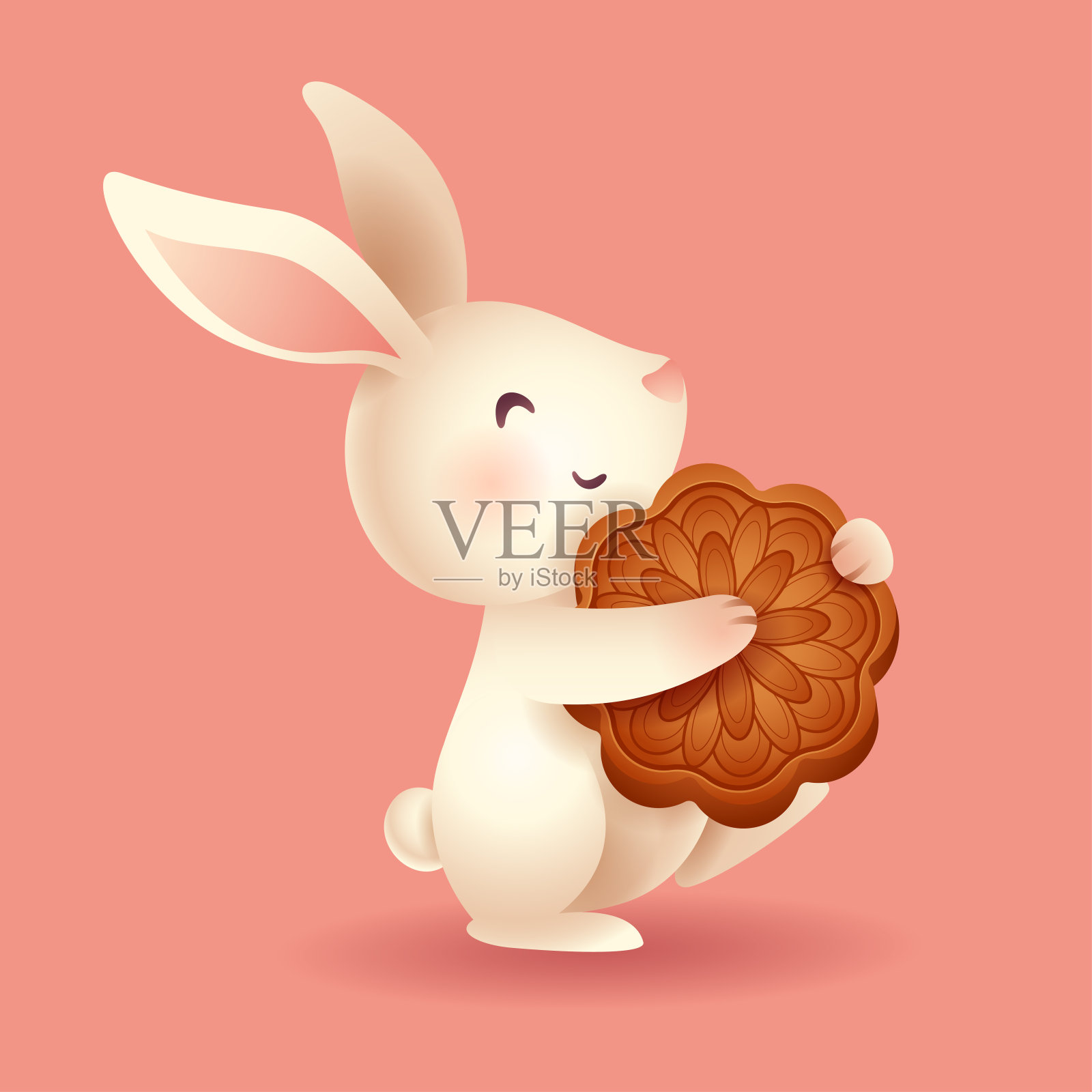 中秋节。可爱的兔子拿着一个月饼。插画图片素材