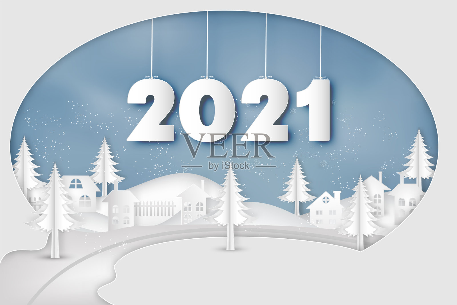 2021年的纸艺术和剪纸在冬季，树木，森林和蓝天上的雪作为2021年快乐的新年和数字工艺风格的概念。插画图片素材