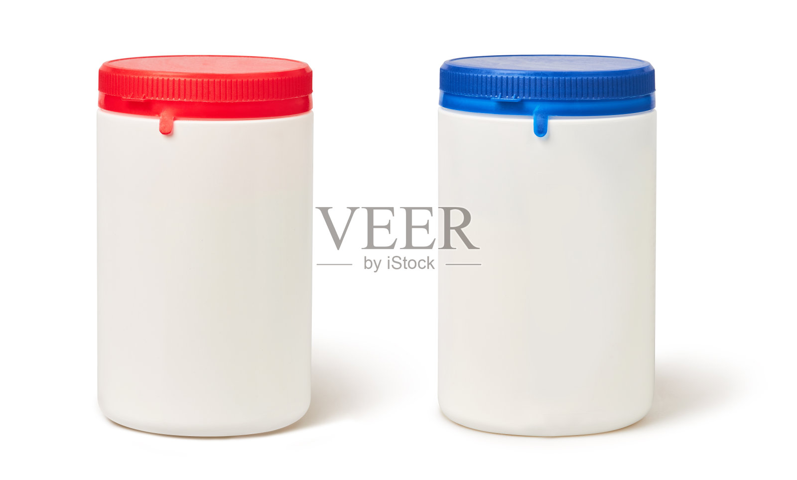 两个红色和蓝色盖子的空白塑料容器照片摄影图片