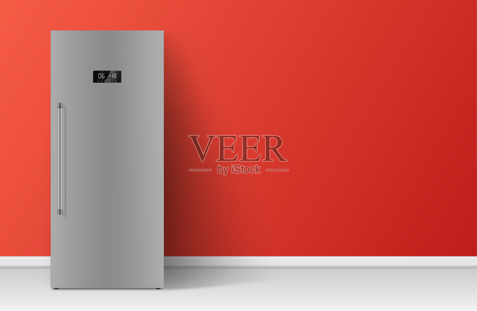 逼真的钢制厨房冰箱在红色背景向量家电冷却产品插画图片素材