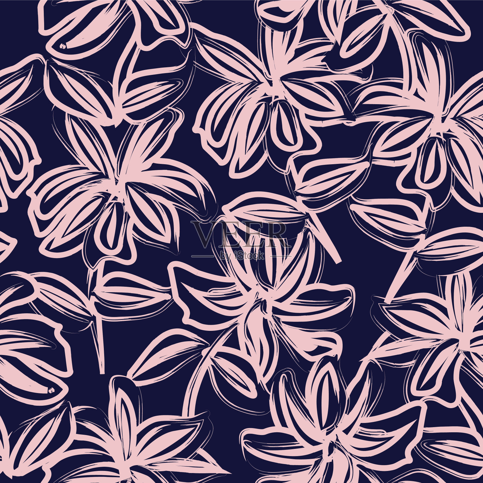 粉色和海军蓝的花卉笔触无缝衔接插画图片素材