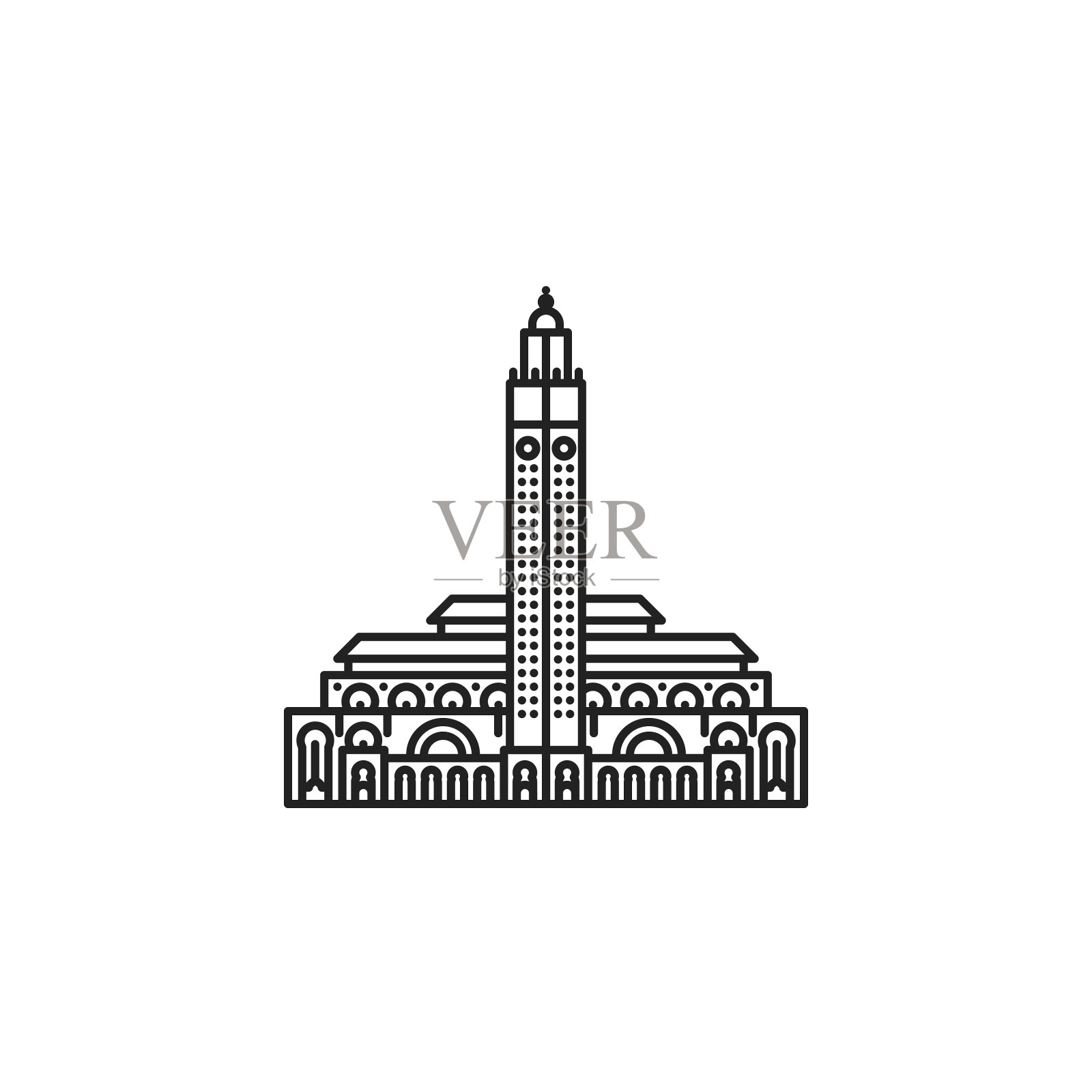 哈桑二世清真寺在卡萨布兰卡矢量线图标插画图片素材