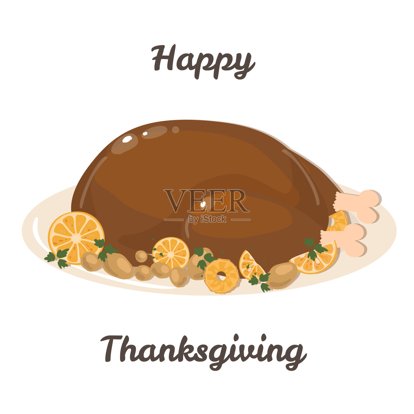 感恩节卡片。感恩节要烤火鸡。传统的食品。盘子里有水果和蔬菜的感恩节火鸡。矢量插图白色背景设计元素图片