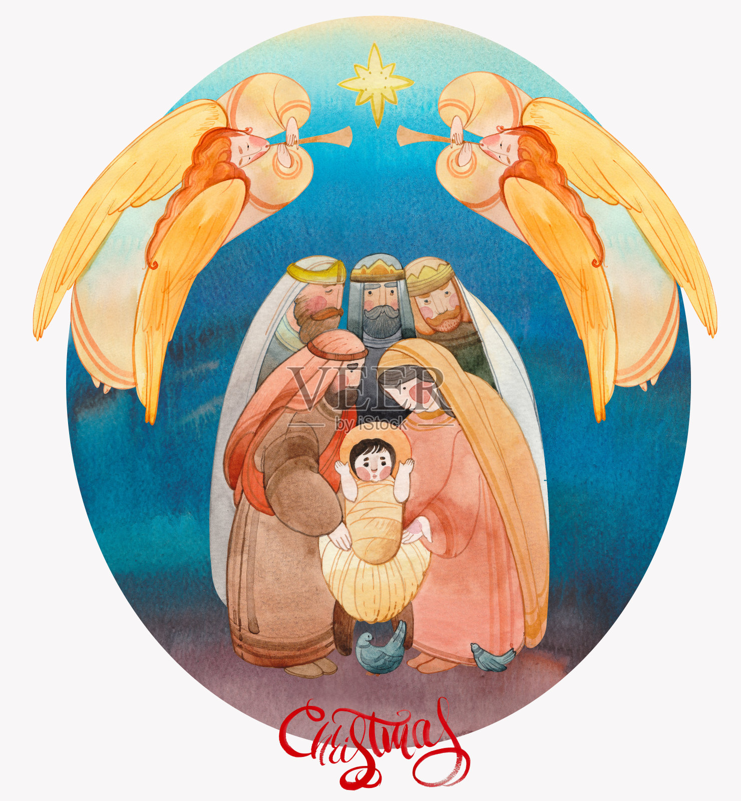 圣诞水彩插画的诞生场景:新生的耶稣基督，受祝福的圣母玛利亚，约瑟夫和天使。圣诞基督教的问候，明信片和印刷品。插画图片素材