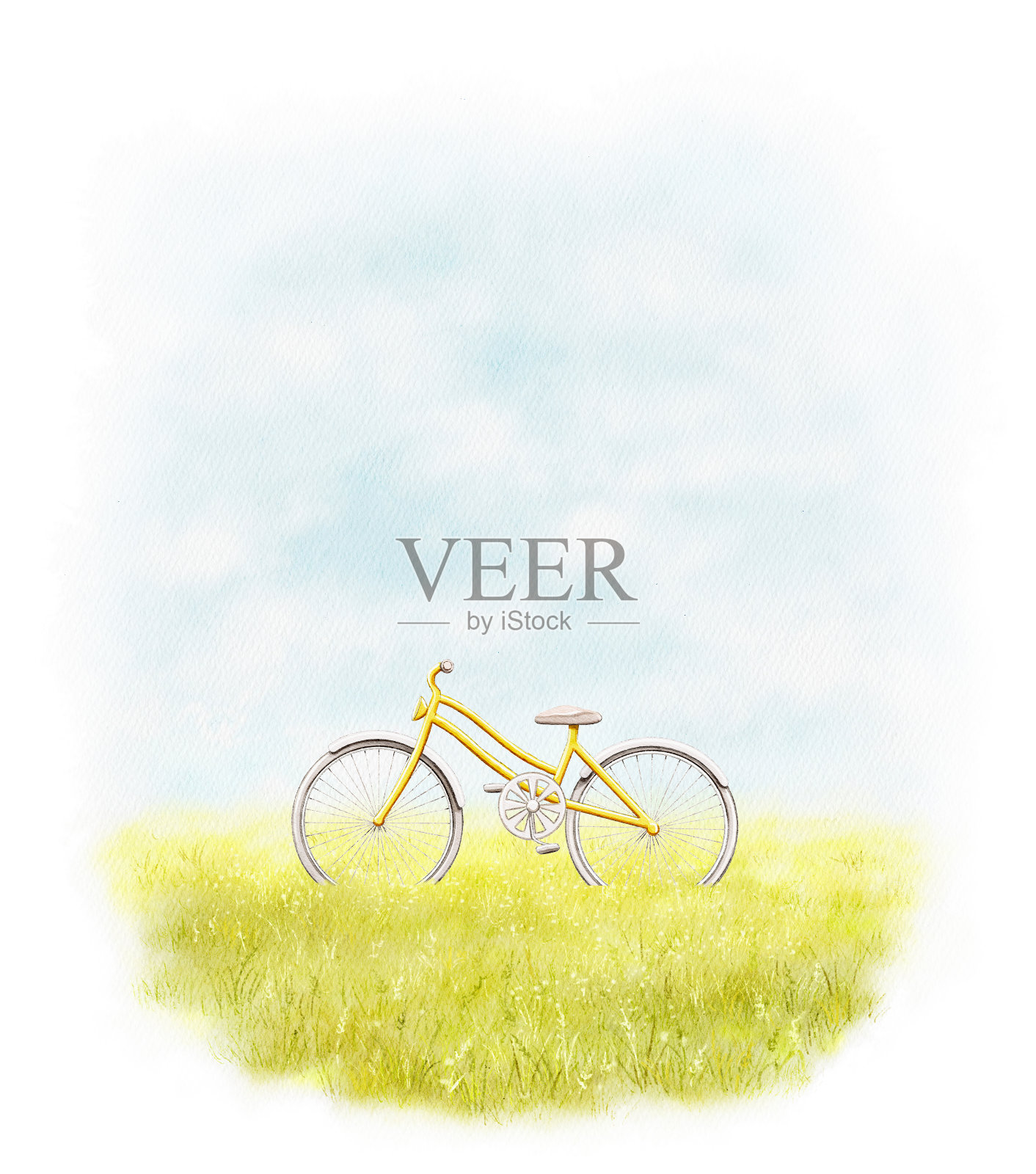 水彩插图的风景风景，夏季草地，天空和黄色的女性自行车设计元素图片