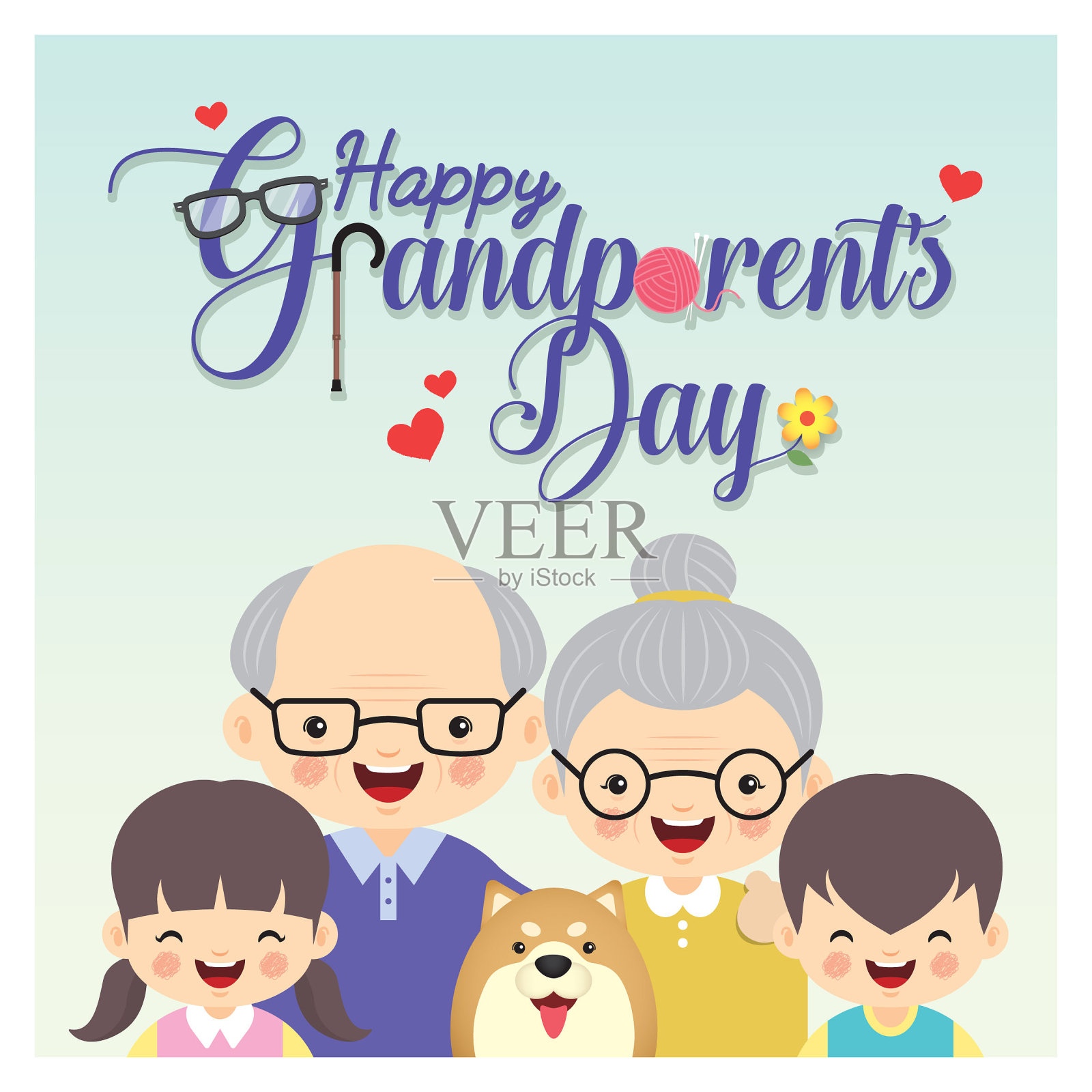 祖父母节-祖父母和孙子和狗插画图片素材