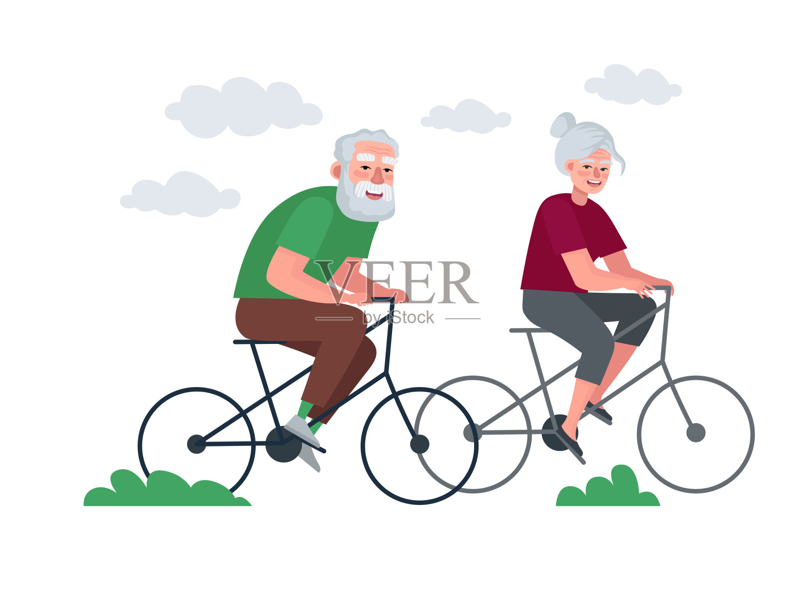 退休老人夫妇积极健康的生活方式。奶奶和爷爷在晚年骑自行车。爷爷奶奶骑着自行车在户外消磨时光。高级人员假期eps插图设计元素图片
