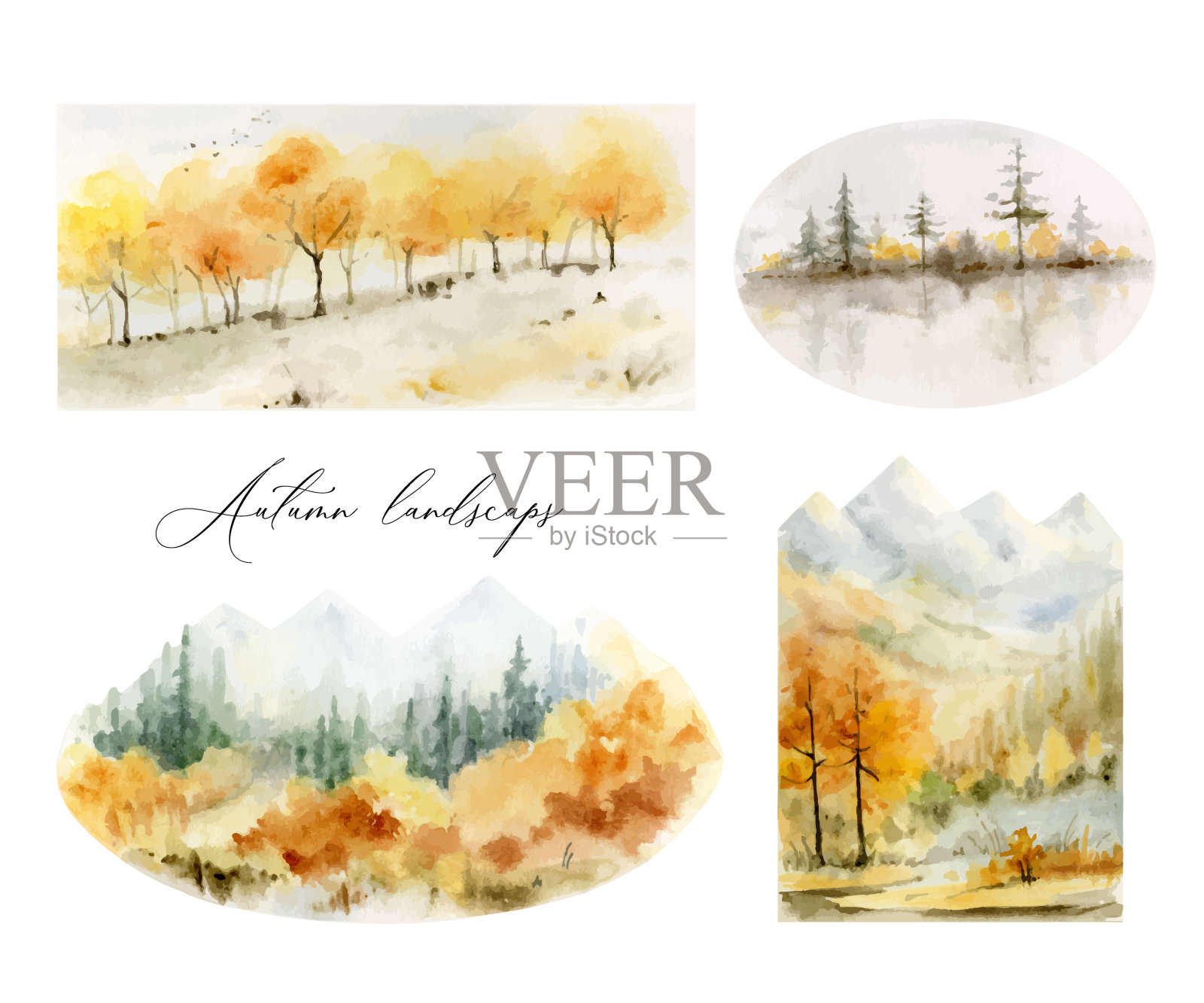 一个水彩向量集的秋天森林背景与树和山。用于明信片，贺卡，剪贴簿和更多的装饰设计的自然艺术品。插画图片素材