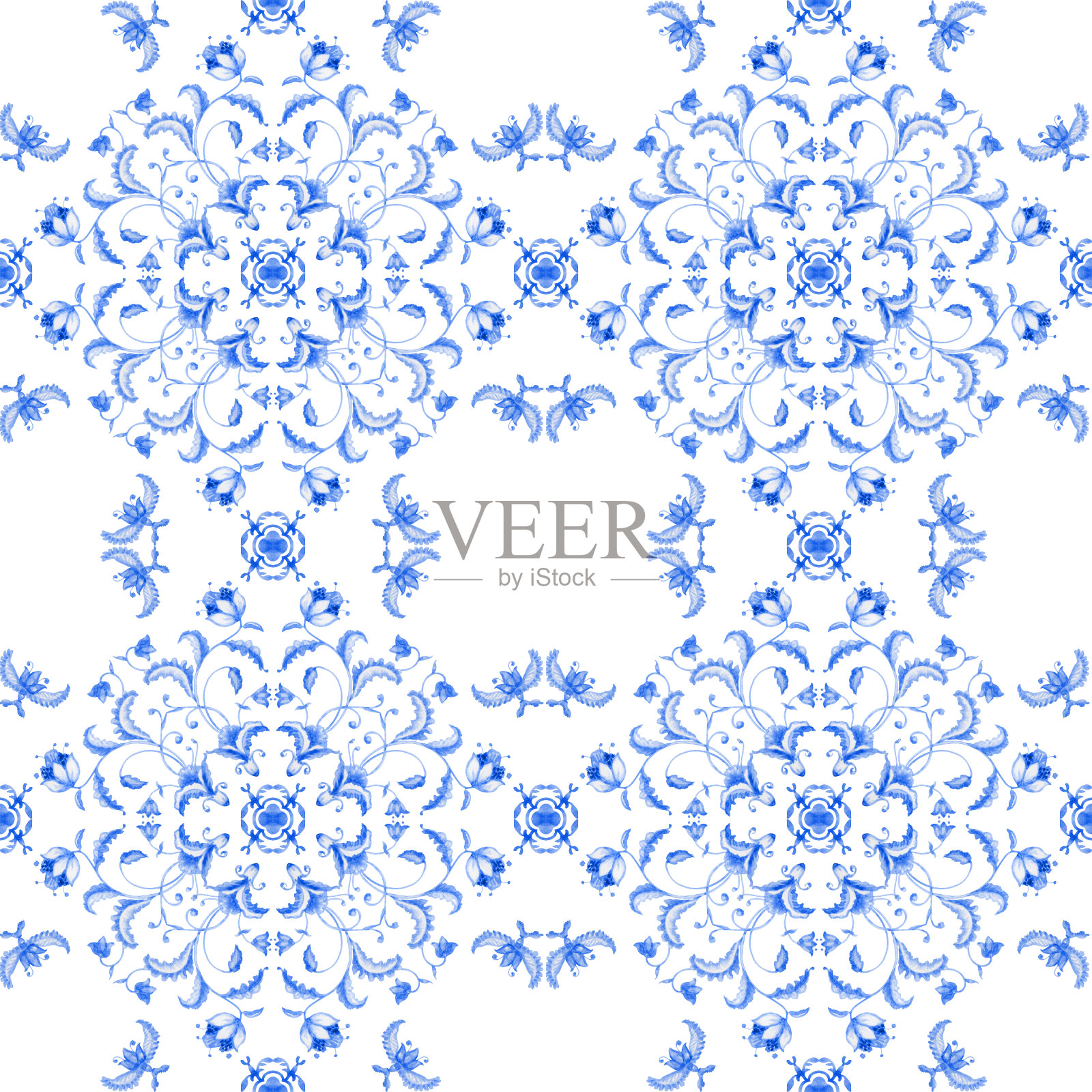 水彩画靛蓝锦缎无缝的图案在白色的背景。瓷砖手绘巴洛克卷轴，花，叶子和花卉插画图片素材