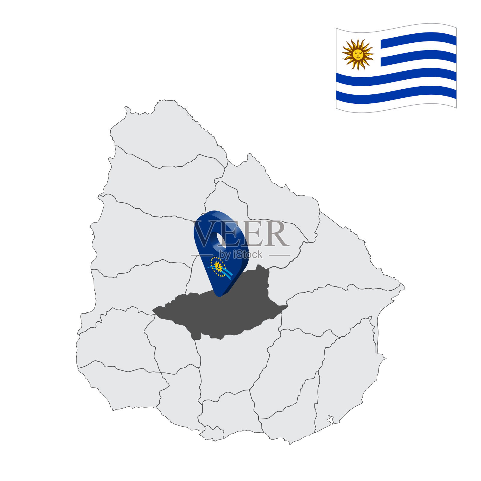 乌拉圭地图上的Durazno部门位置。3d位置标志类似于Durazno部门的旗帜。为您的设计与乌拉圭地区的质量地图。EPS10插画图片素材