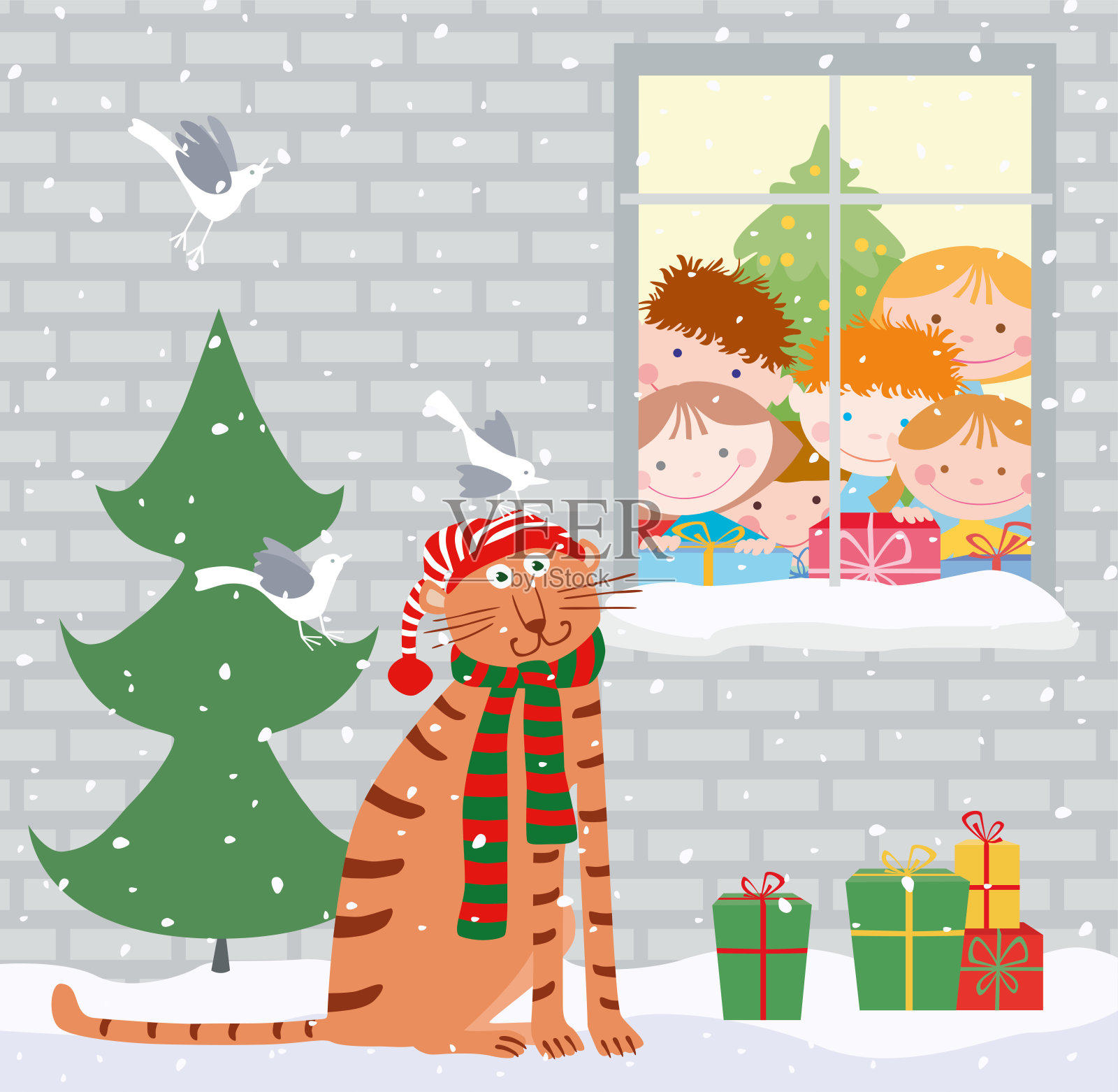 向量问候新年贺卡与可爱的卡通老虎坐在冷杉树与礼品盒和看着窗口的快乐的孩子在下雪的十二月天插画图片素材