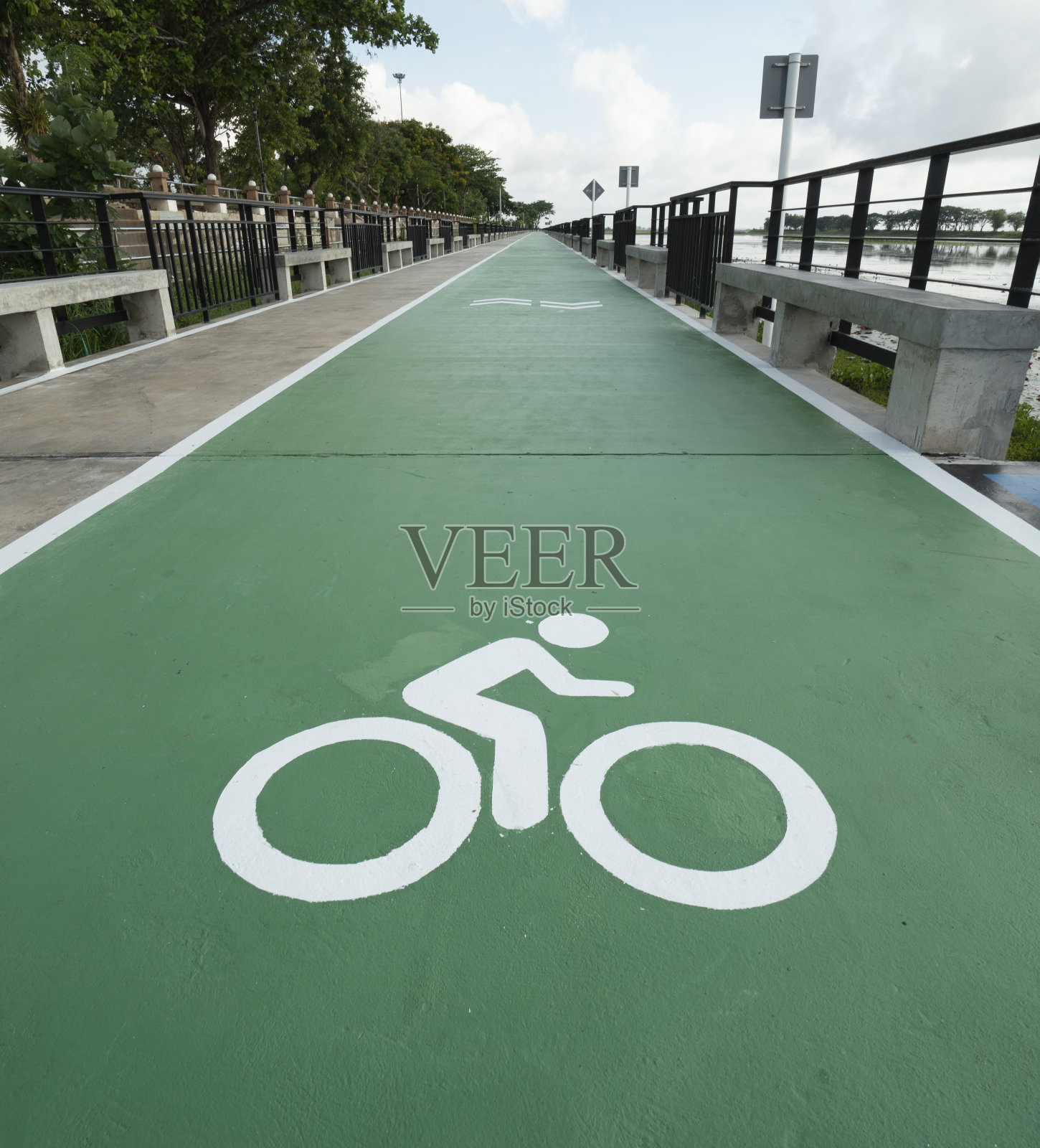 绿色自行车道上的白色自行车标志照片摄影图片