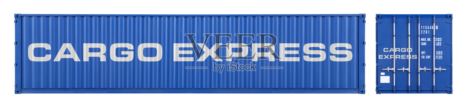 蓝色大型海运货物集装箱与货物快递字母在正面和侧面视图孤立的白色背景。运输船舶交付物流和货运概念。照片摄影图片