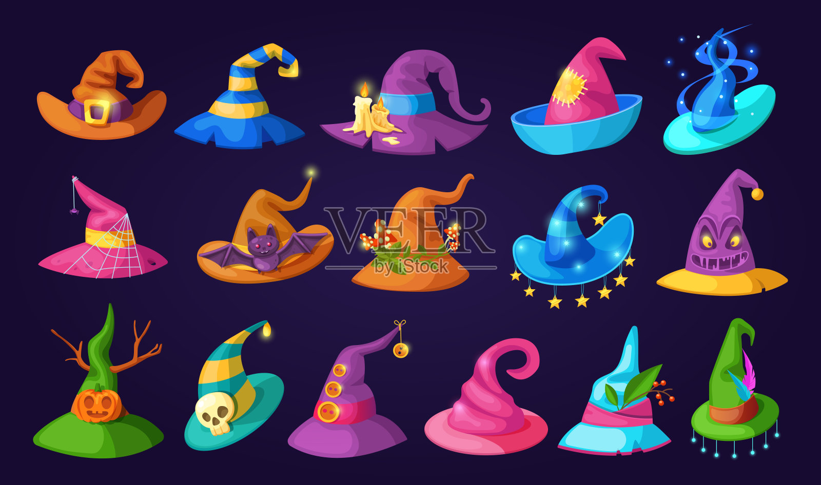 巫师万圣节魔法帽，女巫老帽子。女巫和巫术的魔法配件，用于女巫的神秘仪式。设计元素图片