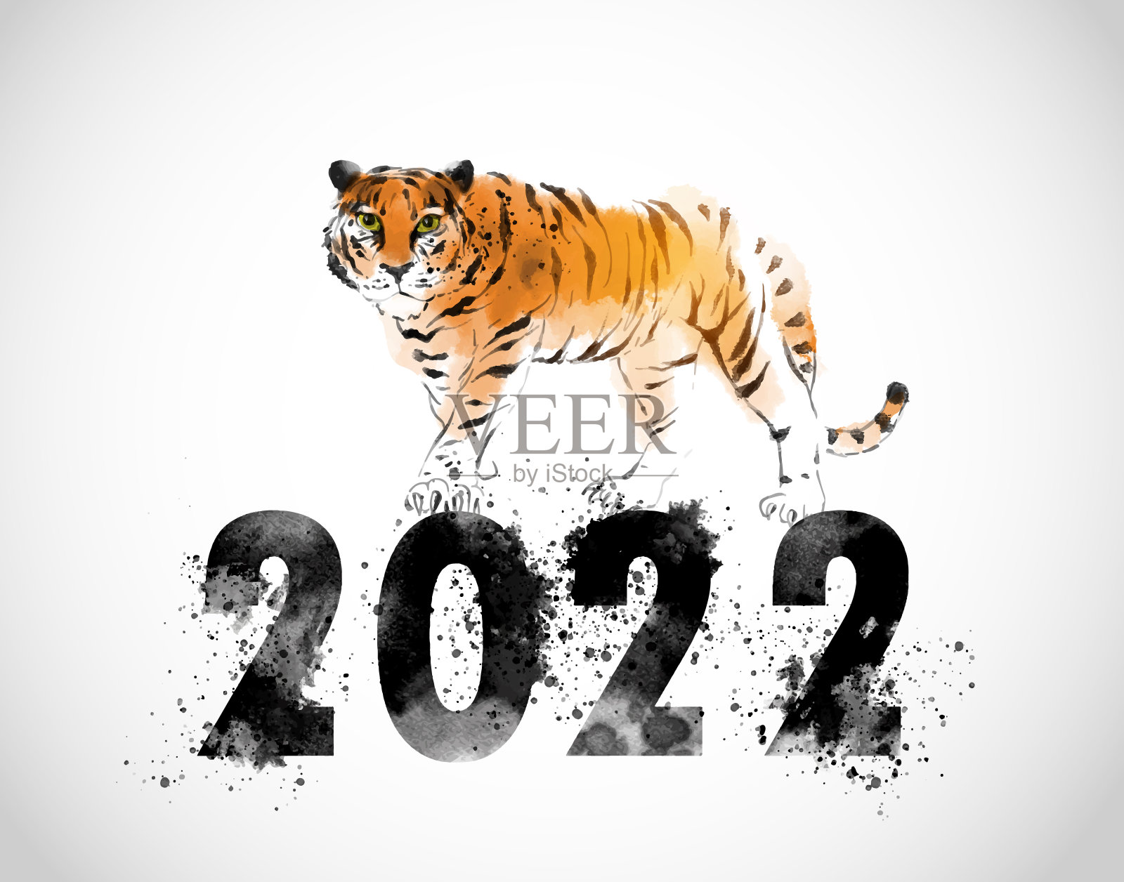 老虎，2022年中国农历新年的象征，用墨水手绘。传统东方水墨画梅花、梅花、梅花。中国新年贺卡。象形文字——老虎。插画图片素材