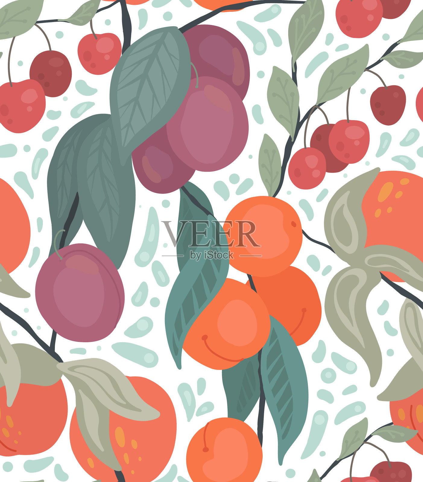 无缝的扁平纹理与樱桃，桃子，李子插画图片素材
