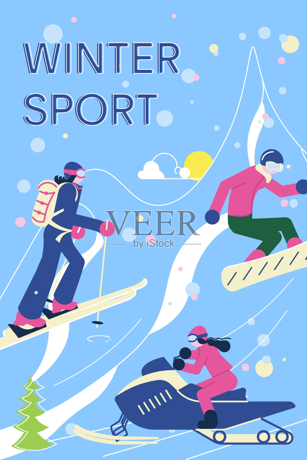 冬季运动旗帜与滑雪者，雪域和雪上运动乐趣。插画图片素材